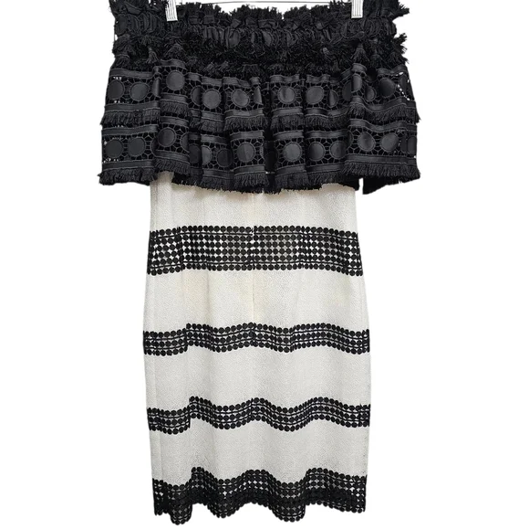 Nwot Badgley Mischka Black/White Off Shoulder Fringed Shortsleeve Ruffle Dress - Picture 11 of 17